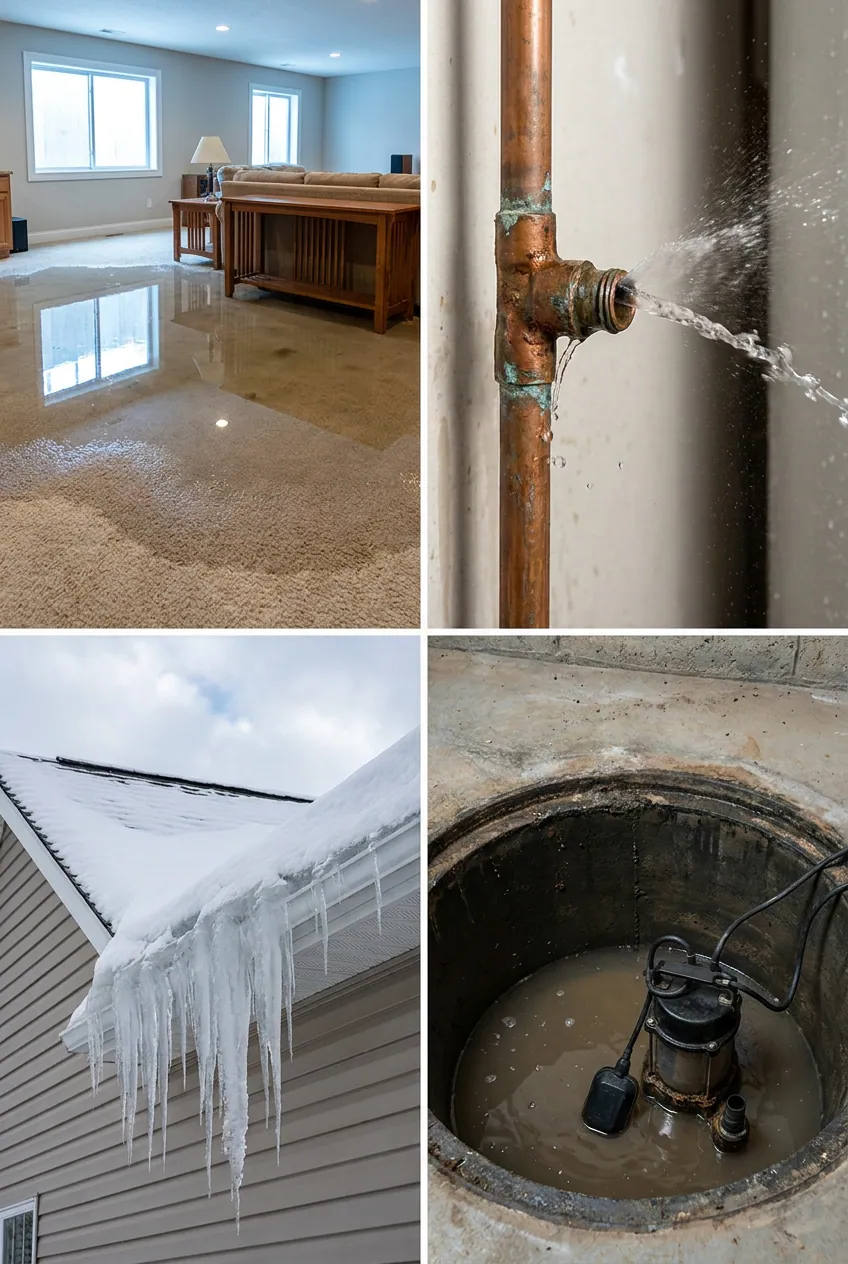 The four most common Rochester water damage situations — flooded basement, burst pipe, ice dam, and sump failure