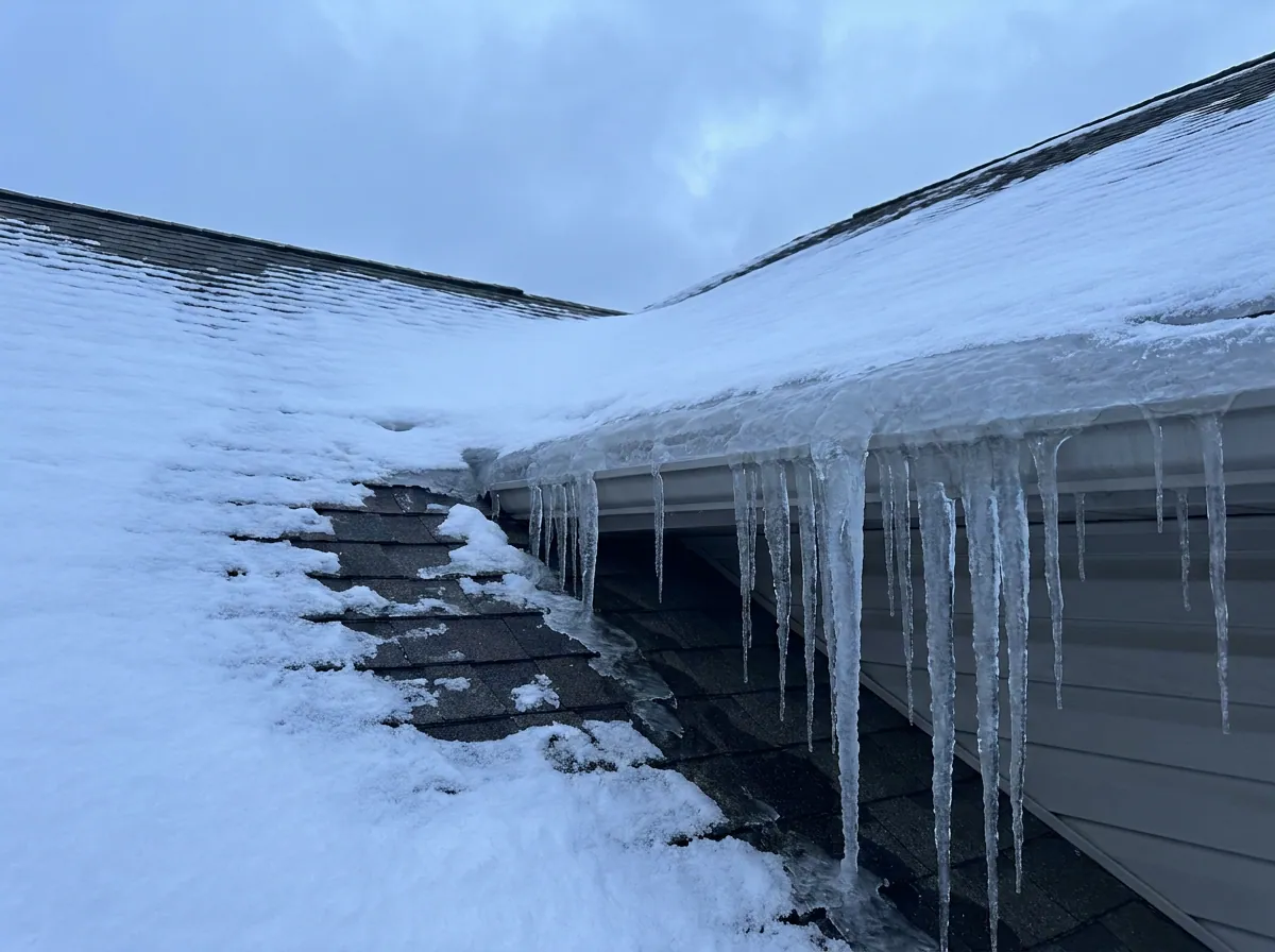 Ice dam and icicles on a roof eave with water backing under the shingles